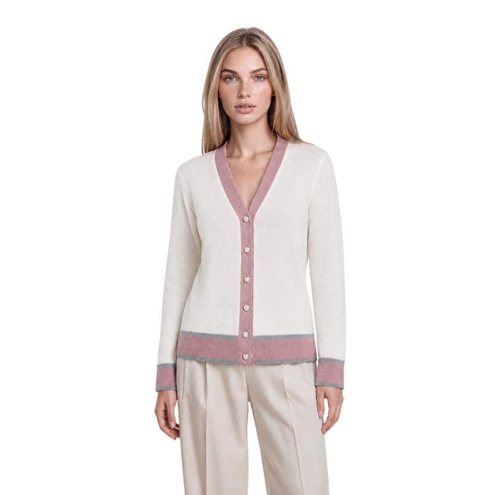 NWT Grace Karin Cardigan Sweater Women's Size Large White Pink Gray Pearl Button
